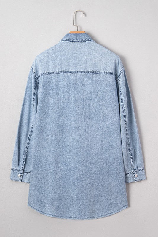 JUNIPER BLVD Solid Denim Chest Pocket Raw Hem Shirt Dress - Sleekdenim.com