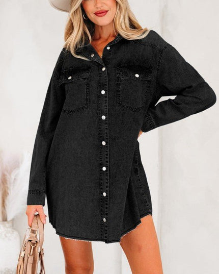 JUNIPER BLVD Solid Denim Chest Pocket Raw Hem Shirt Dress - Sleekdenim.com