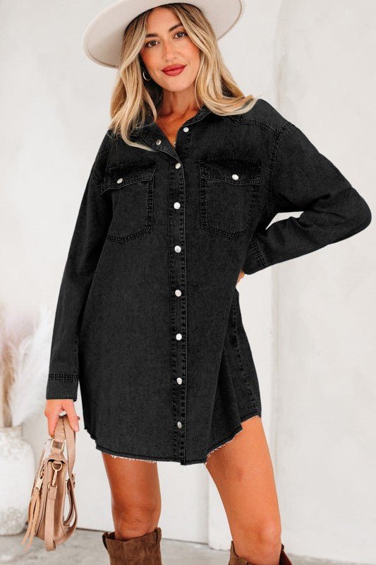 JUNIPER BLVD Solid Denim Chest Pocket Raw Hem Shirt Dress - Sleekdenim.com