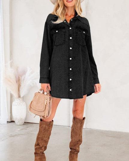 JUNIPER BLVD Solid Denim Chest Pocket Raw Hem Shirt Dress - Sleekdenim.com
