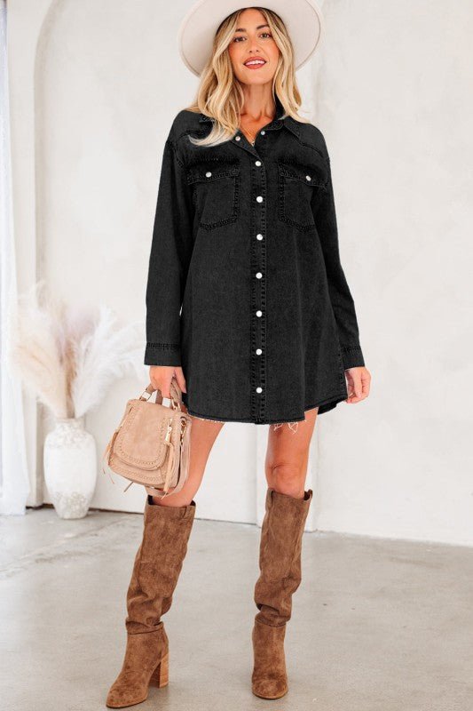 JUNIPER BLVD Solid Denim Chest Pocket Raw Hem Shirt Dress - Sleekdenim.com