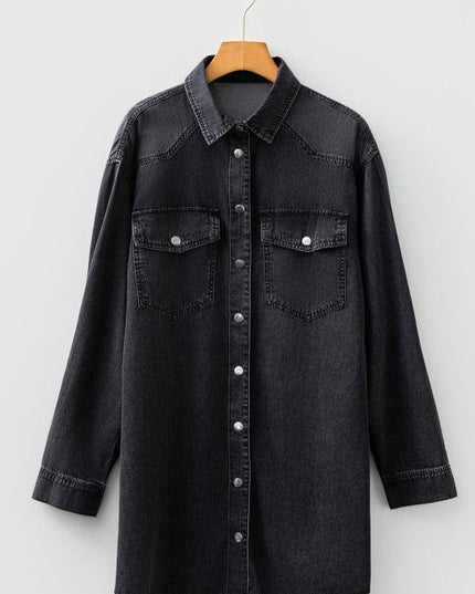 JUNIPER BLVD Solid Denim Chest Pocket Raw Hem Shirt Dress - Sleekdenim.com