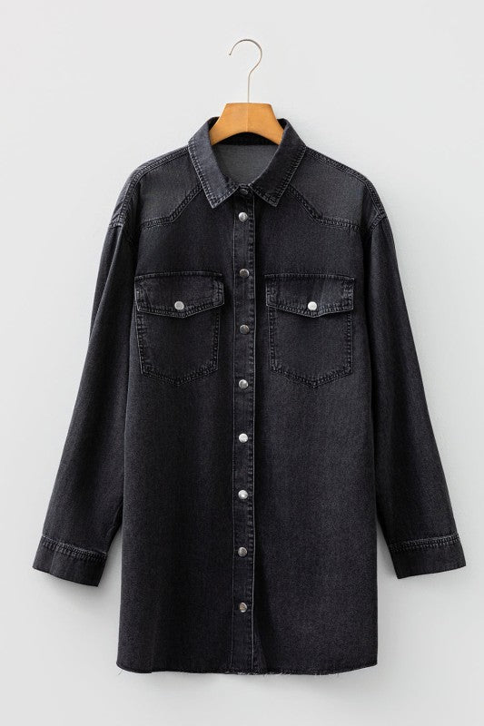 JUNIPER BLVD Solid Denim Chest Pocket Raw Hem Shirt Dress - Sleekdenim.com