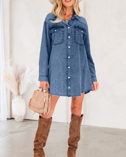 JUNIPER BLVD Solid Denim Chest Pocket Raw Hem Shirt Dress - Sleekdenim.com