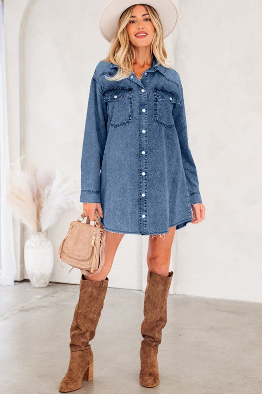 JUNIPER BLVD Solid Denim Chest Pocket Raw Hem Shirt Dress - Sleekdenim.com