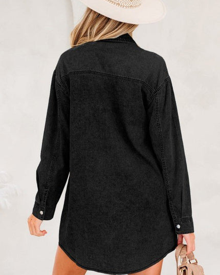 JUNIPER BLVD Solid Denim Chest Pocket Raw Hem Shirt Dress - Sleekdenim.com