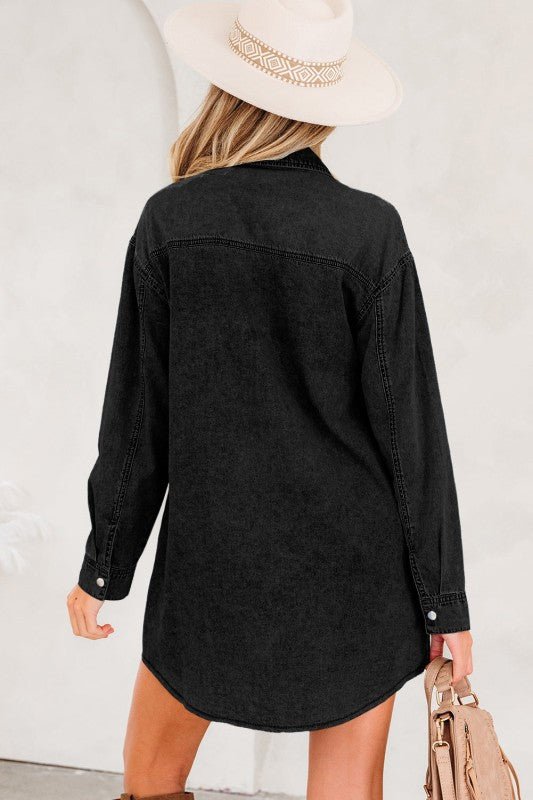 JUNIPER BLVD Solid Denim Chest Pocket Raw Hem Shirt Dress - Sleekdenim.com