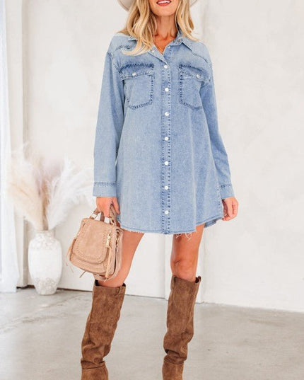JUNIPER BLVD Solid Denim Chest Pocket Raw Hem Shirt Dress - Sleekdenim.com