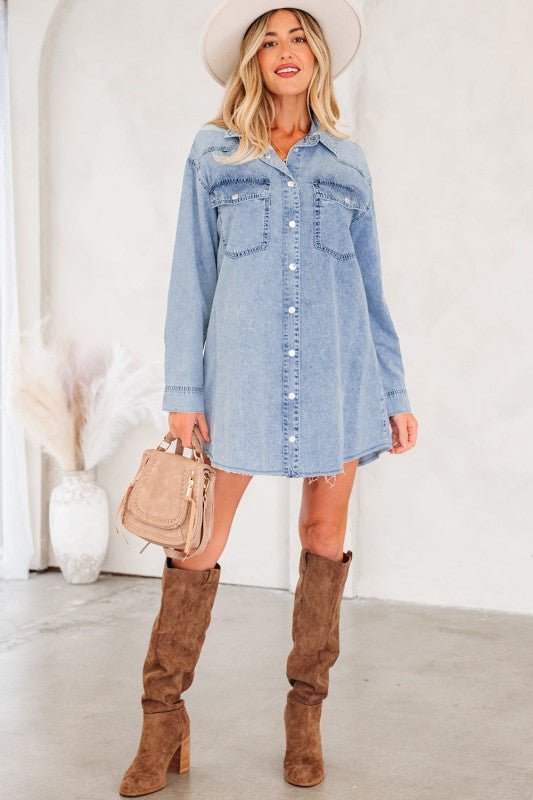 JUNIPER BLVD Solid Denim Chest Pocket Raw Hem Shirt Dress - Sleekdenim.com
