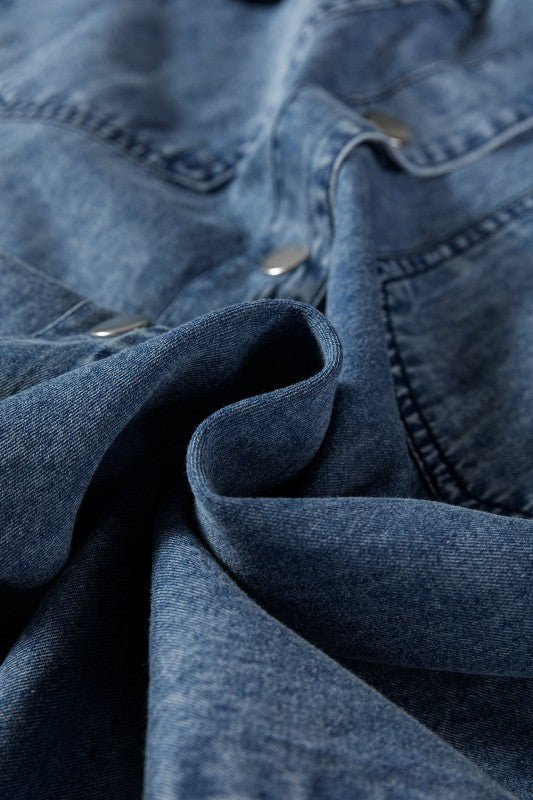JUNIPER BLVD Solid Denim Chest Pocket Raw Hem Shirt Dress - Sleekdenim.com