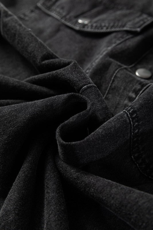 JUNIPER BLVD Solid Denim Chest Pocket Raw Hem Shirt Dress - Sleekdenim.com