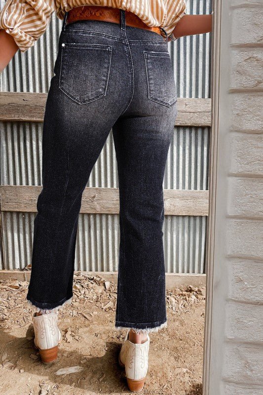 JUNIPER BLVD Solid Mineral Wash Raw Hem Flared Jeans - Sleekdenim.com