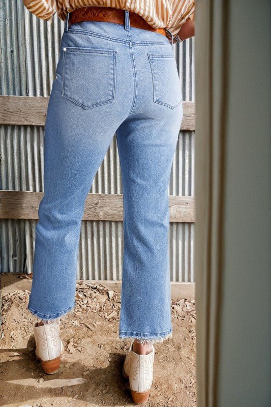 JUNIPER BLVD Solid Mineral Wash Raw Hem Flared Jeans - Sleekdenim.com
