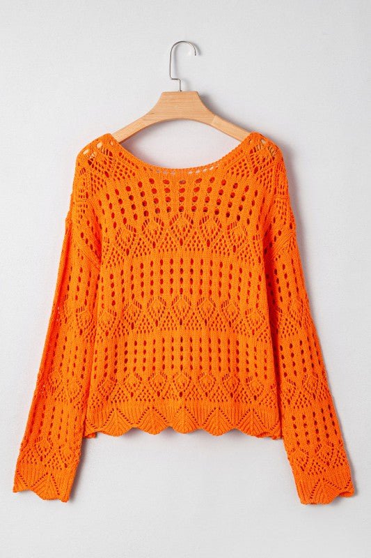JUNIPER BLVD Solid Open Crochet Scallop Edge Sweater - Sleekdenim.com