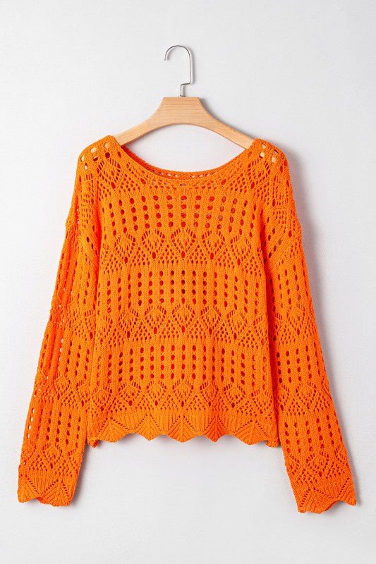 JUNIPER BLVD Solid Open Crochet Scallop Edge Sweater - Sleekdenim.com