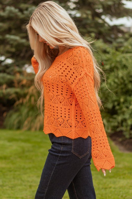 JUNIPER BLVD Solid Open Crochet Scallop Edge Sweater - Sleekdenim.com