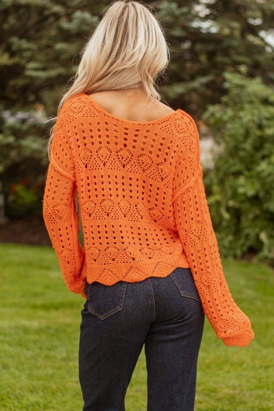 JUNIPER BLVD Solid Open Crochet Scallop Edge Sweater - Sleekdenim.com