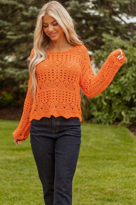 JUNIPER BLVD Solid Open Crochet Scallop Edge Sweater - Sleekdenim.com