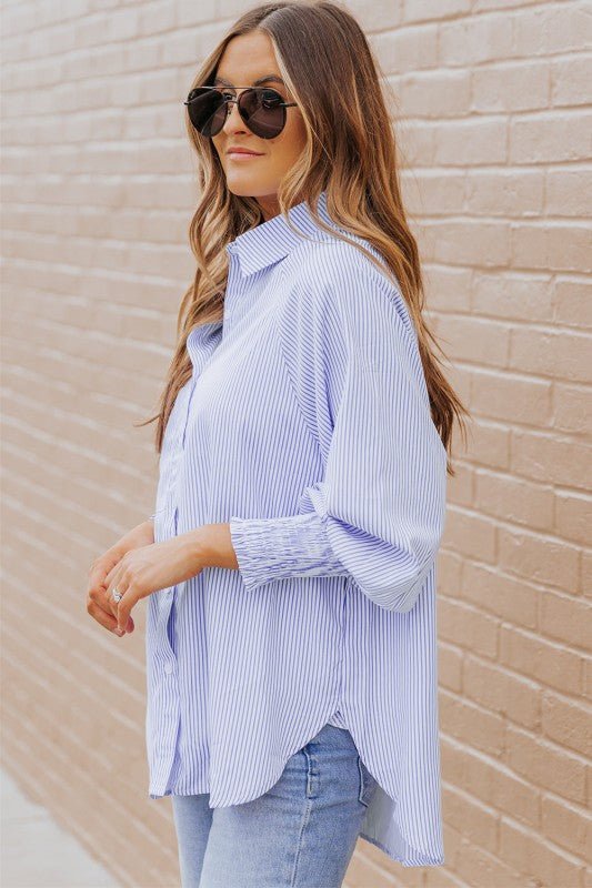 JUNIPER BLVD Stripe Smocked Long Sleeve Button - Up Shirt - Sleekdenim.com