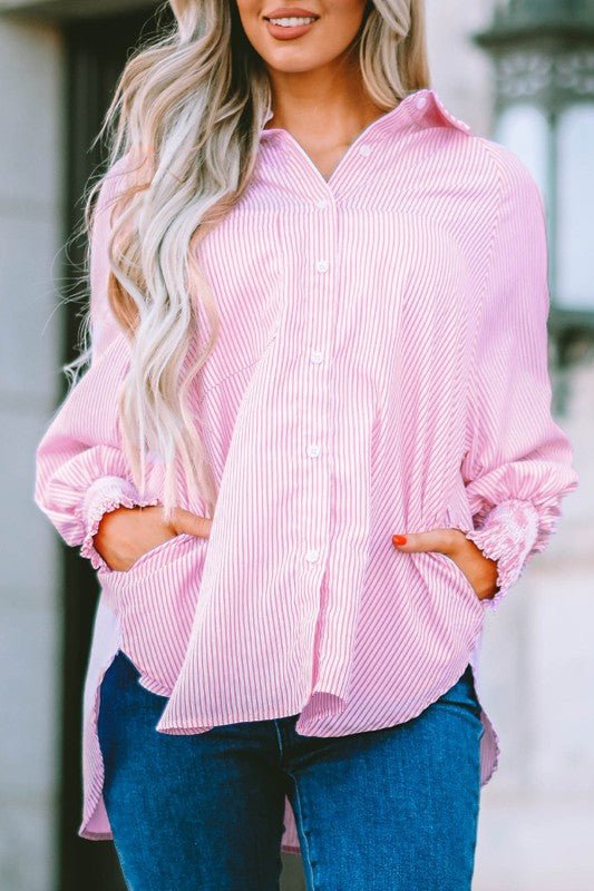 JUNIPER BLVD Stripe Smocked Long Sleeve Button - Up Shirt - Sleekdenim.com