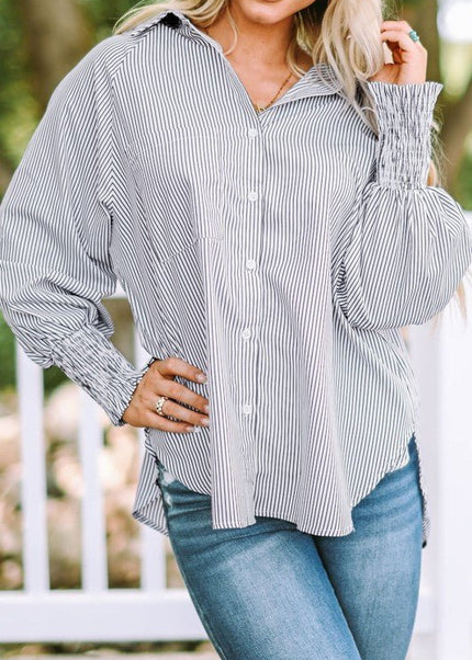 JUNIPER BLVD Stripe Smocked Long Sleeve Button - Up Shirt - Sleekdenim.com