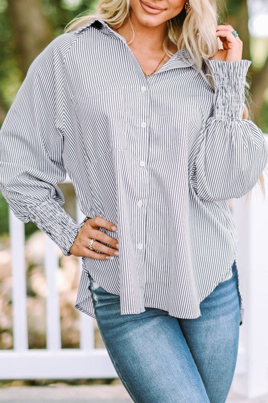 JUNIPER BLVD Stripe Smocked Long Sleeve Button - Up Shirt - Sleekdenim.com