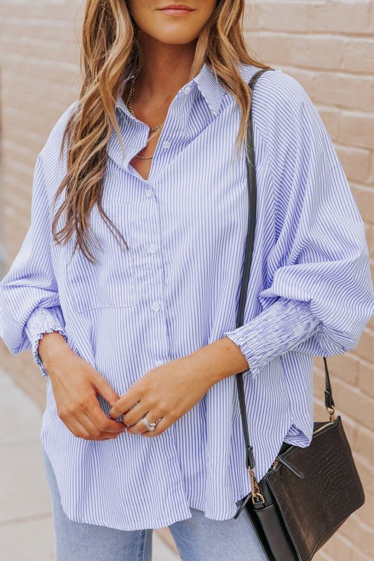 JUNIPER BLVD Stripe Smocked Long Sleeve Button - Up Shirt - Sleekdenim.com