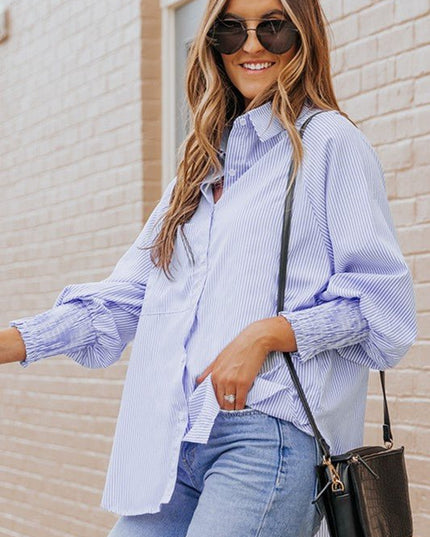 JUNIPER BLVD Stripe Smocked Long Sleeve Button - Up Shirt - Sleekdenim.com