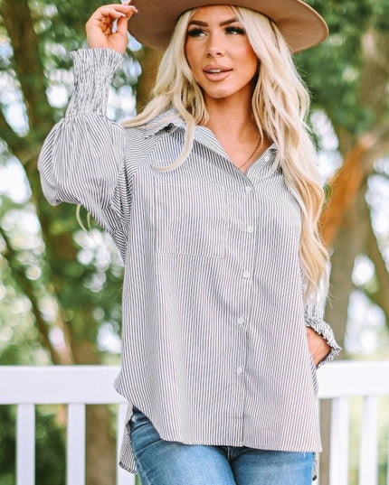 JUNIPER BLVD Stripe Smocked Long Sleeve Button - Up Shirt - Sleekdenim.com