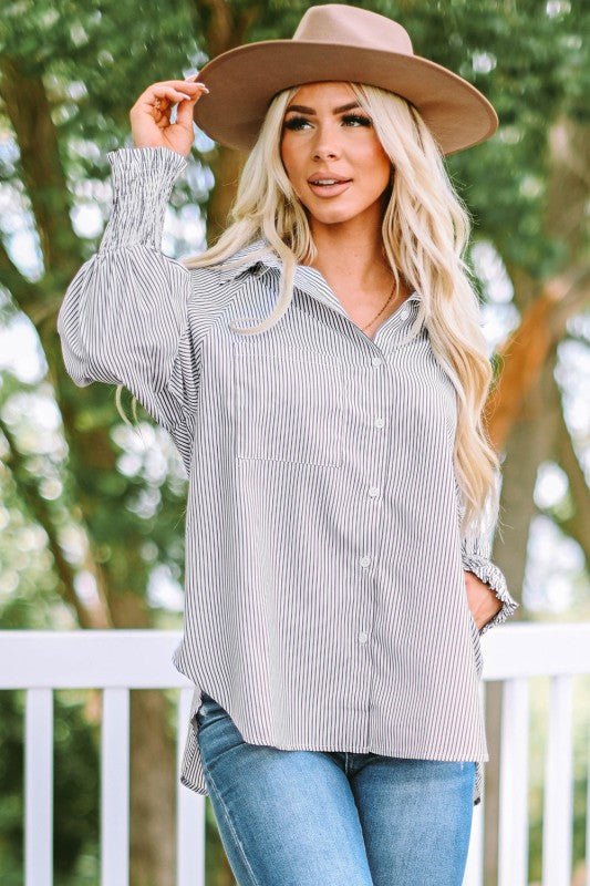 JUNIPER BLVD Stripe Smocked Long Sleeve Button - Up Shirt - Sleekdenim.com