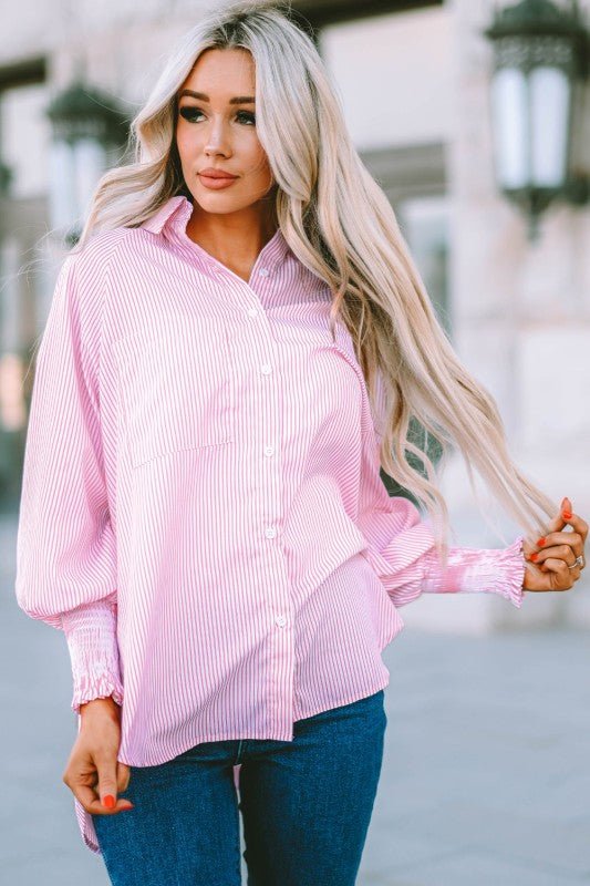 JUNIPER BLVD Stripe Smocked Long Sleeve Button - Up Shirt - Sleekdenim.com