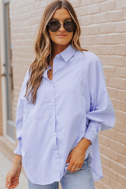 JUNIPER BLVD Stripe Smocked Long Sleeve Button - Up Shirt - Sleekdenim.com