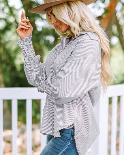 JUNIPER BLVD Stripe Smocked Long Sleeve Button - Up Shirt - Sleekdenim.com