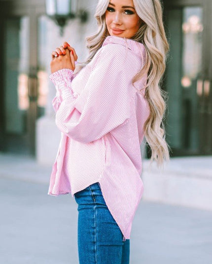 JUNIPER BLVD Stripe Smocked Long Sleeve Button - Up Shirt - Sleekdenim.com