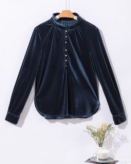 JUNIPER BLVD Velvet Frilled Neck Buttoned Top - Sleekdenim.com