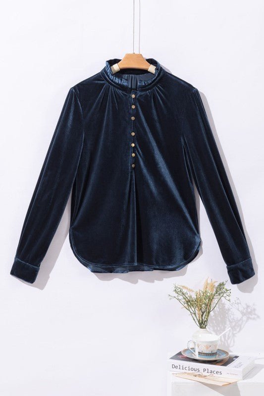 JUNIPER BLVD Velvet Frilled Neck Buttoned Top - Sleekdenim.com