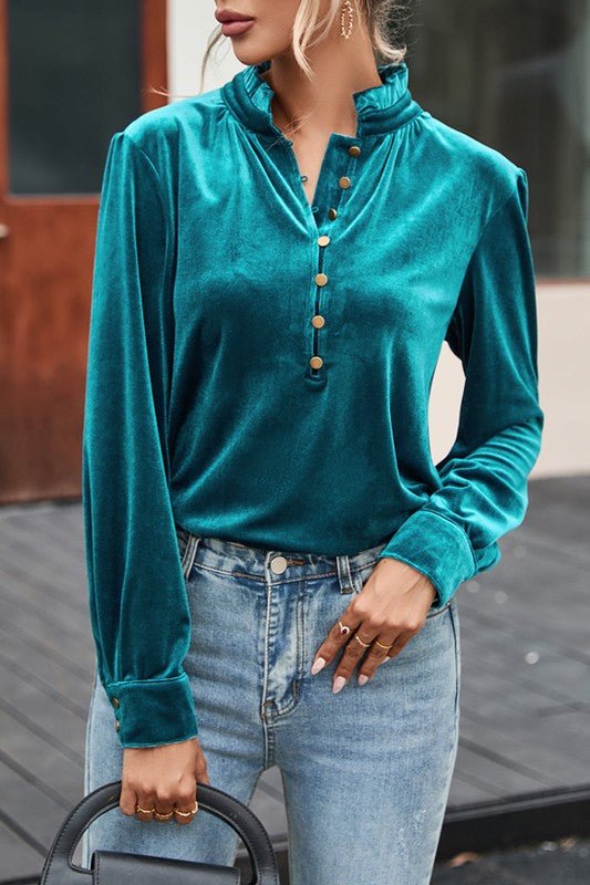 JUNIPER BLVD Velvet Frilled Neck Buttoned Top - Sleekdenim.com