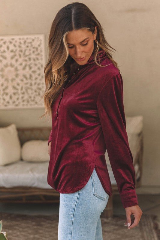 JUNIPER BLVD Velvet Frilled Neck Buttoned Top - Sleekdenim.com