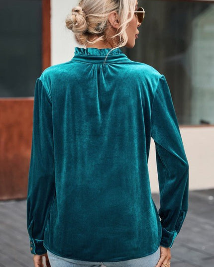 JUNIPER BLVD Velvet Frilled Neck Buttoned Top - Sleekdenim.com