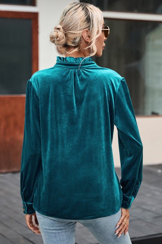 JUNIPER BLVD Velvet Frilled Neck Buttoned Top - Sleekdenim.com