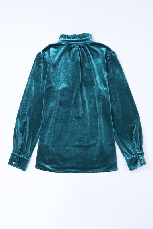 JUNIPER BLVD Velvet Frilled Neck Buttoned Top - Sleekdenim.com