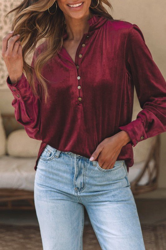 JUNIPER BLVD Velvet Frilled Neck Buttoned Top - Sleekdenim.com