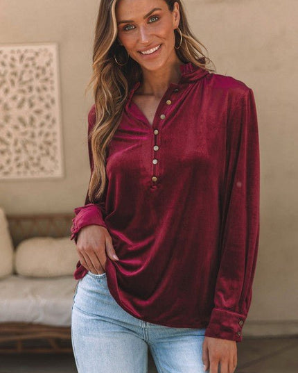 JUNIPER BLVD Velvet Frilled Neck Buttoned Top - Sleekdenim.com
