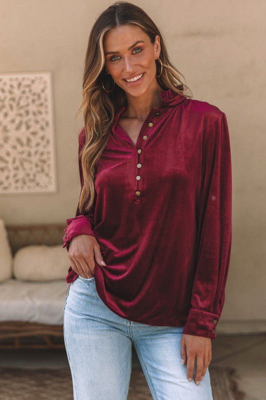 JUNIPER BLVD Velvet Frilled Neck Buttoned Top - Sleekdenim.com