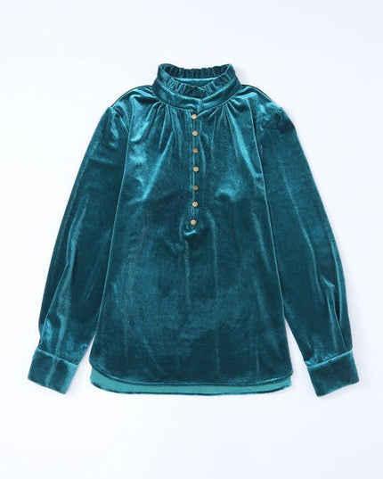 JUNIPER BLVD Velvet Frilled Neck Buttoned Top - Sleekdenim.com