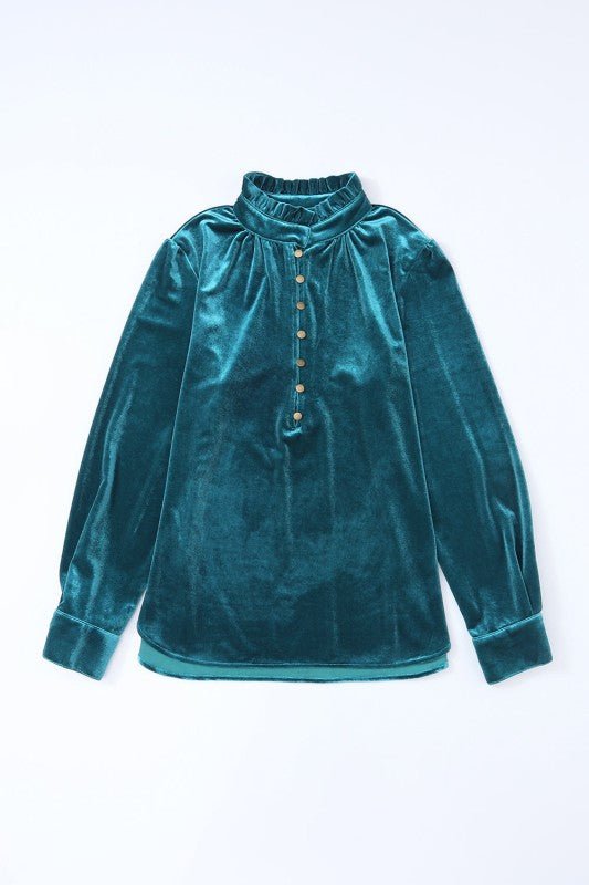 JUNIPER BLVD Velvet Frilled Neck Buttoned Top - Sleekdenim.com