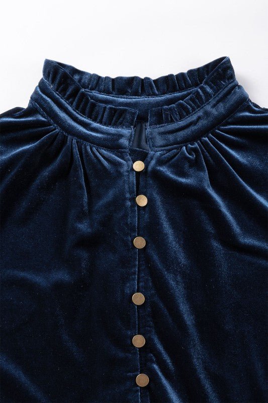 JUNIPER BLVD Velvet Frilled Neck Buttoned Top - Sleekdenim.com