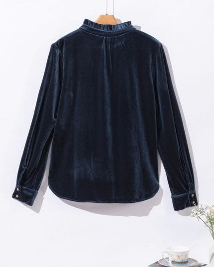 JUNIPER BLVD Velvet Frilled Neck Buttoned Top - Sleekdenim.com