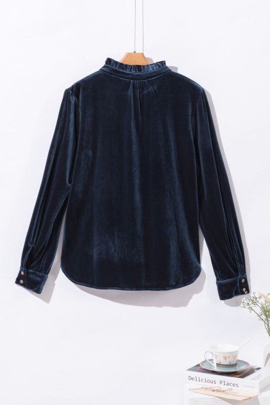 JUNIPER BLVD Velvet Frilled Neck Buttoned Top - Sleekdenim.com