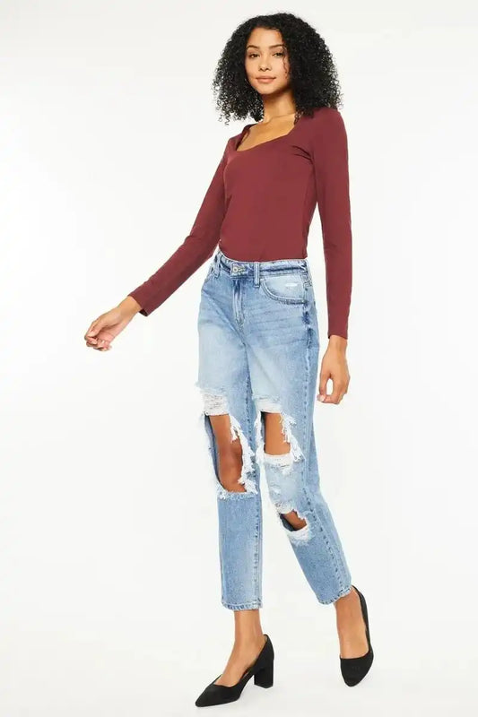 Kancan High Rise Distressed Boyfriend Jeans - Sleekdenim.com